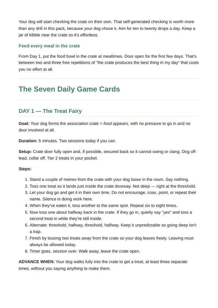 Sample Crate-Confident page showing a short daily crate game and owner steps